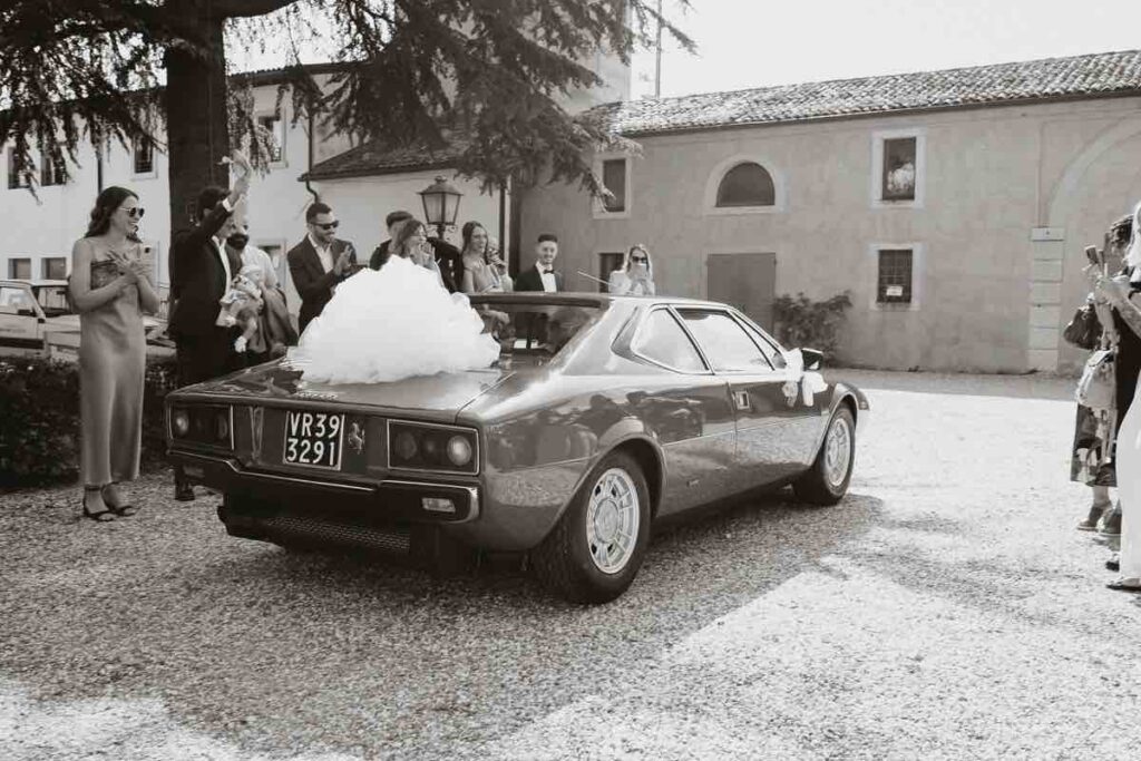 vintage ferrari bride arrival